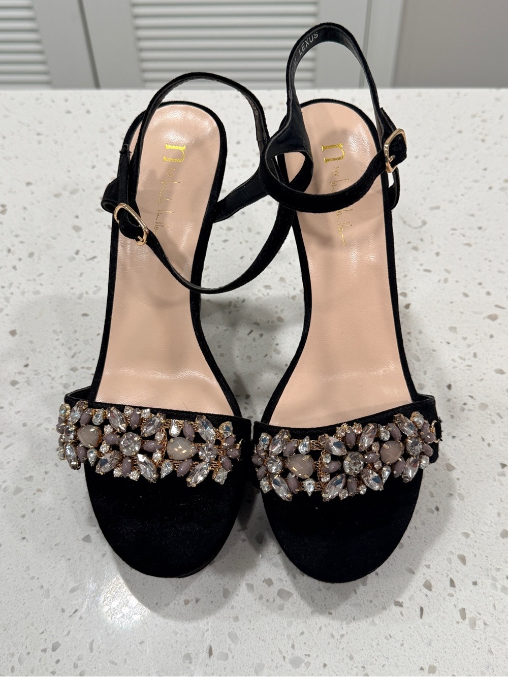 N by Nicole Miller Black Jeweled Open-Toe Slingback Heels